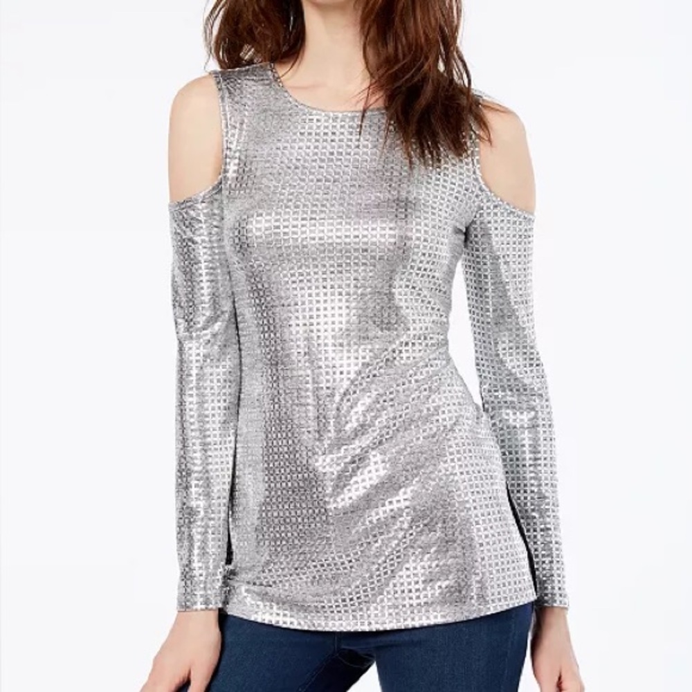 MICHAEL KORS Gray Silver Metallic Geometric Stretch Knit Cold Shoulder Top M